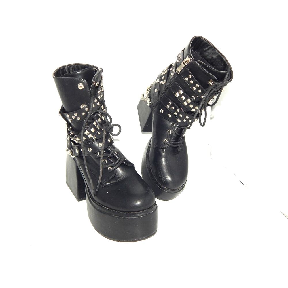 Ocho Black Strappy Studded Platform Chucky Heel Ankle Boots Size 7.5